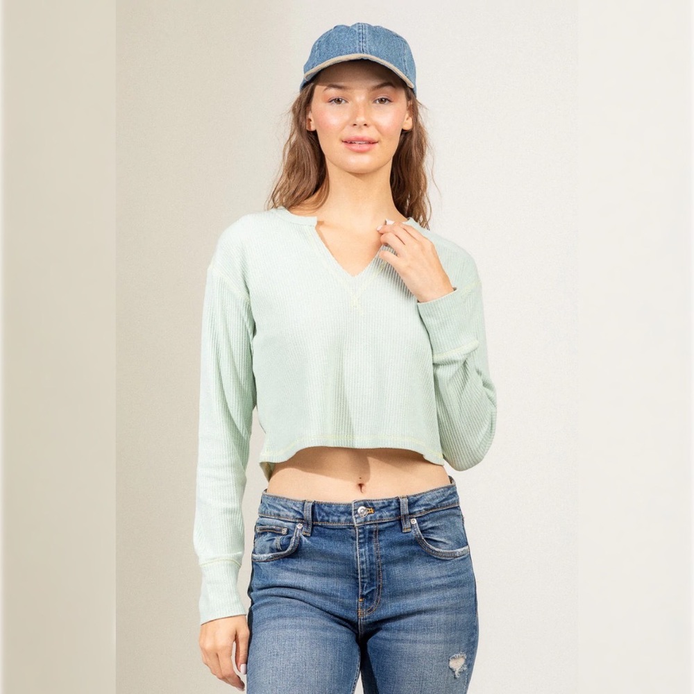 Seam details waffle thermal soft knit casual crop top
